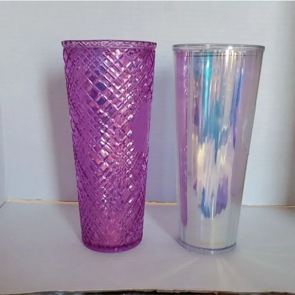 2 Starbucks Travel Cold Cup Iridescent Diamond Unicorn Purple Taffy Venti 24 oz